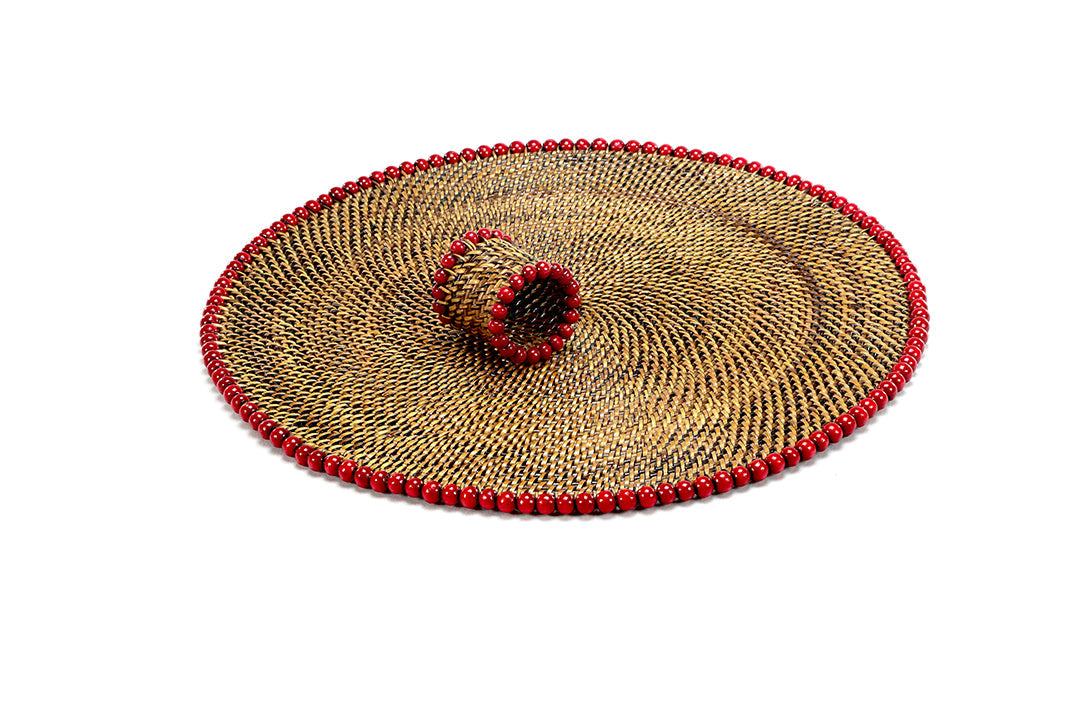 Round Placemat and Napkin Ring, With Red Wood Beads, Set of 4