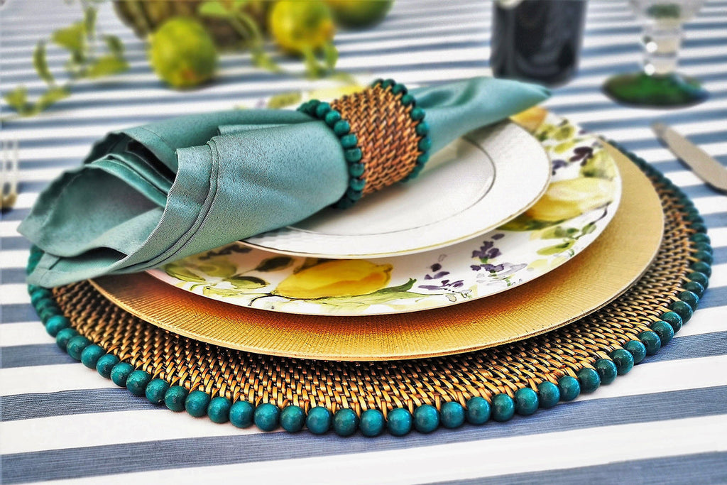 Round Placemat and Napkin Ring, With Seagreen Wood Beads, Set of 4
