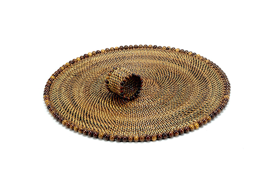 Round Placemat and Napkin Ring, With Dark Walnut Wood Beads, Set of 4
