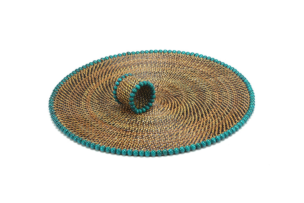 Round Placemat and Napkin Ring, With Seagreen Wood Beads, Set of 4