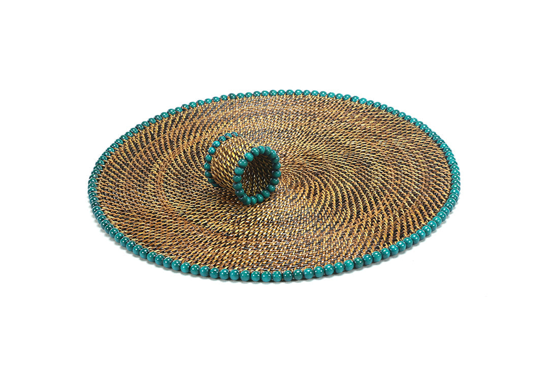 Round Placemat and Napkin Ring, With Seagreen Wood Beads, Set of 4