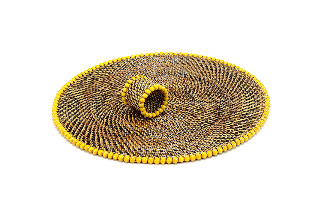 Round Placemat and Napkin Ring, With Yellow Wood Beads, Set of 4