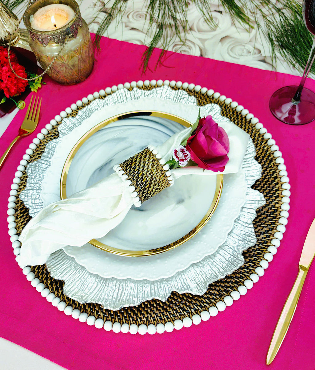 Round Placemat and Napkin Ring, With White Wood Beads, Set of 4